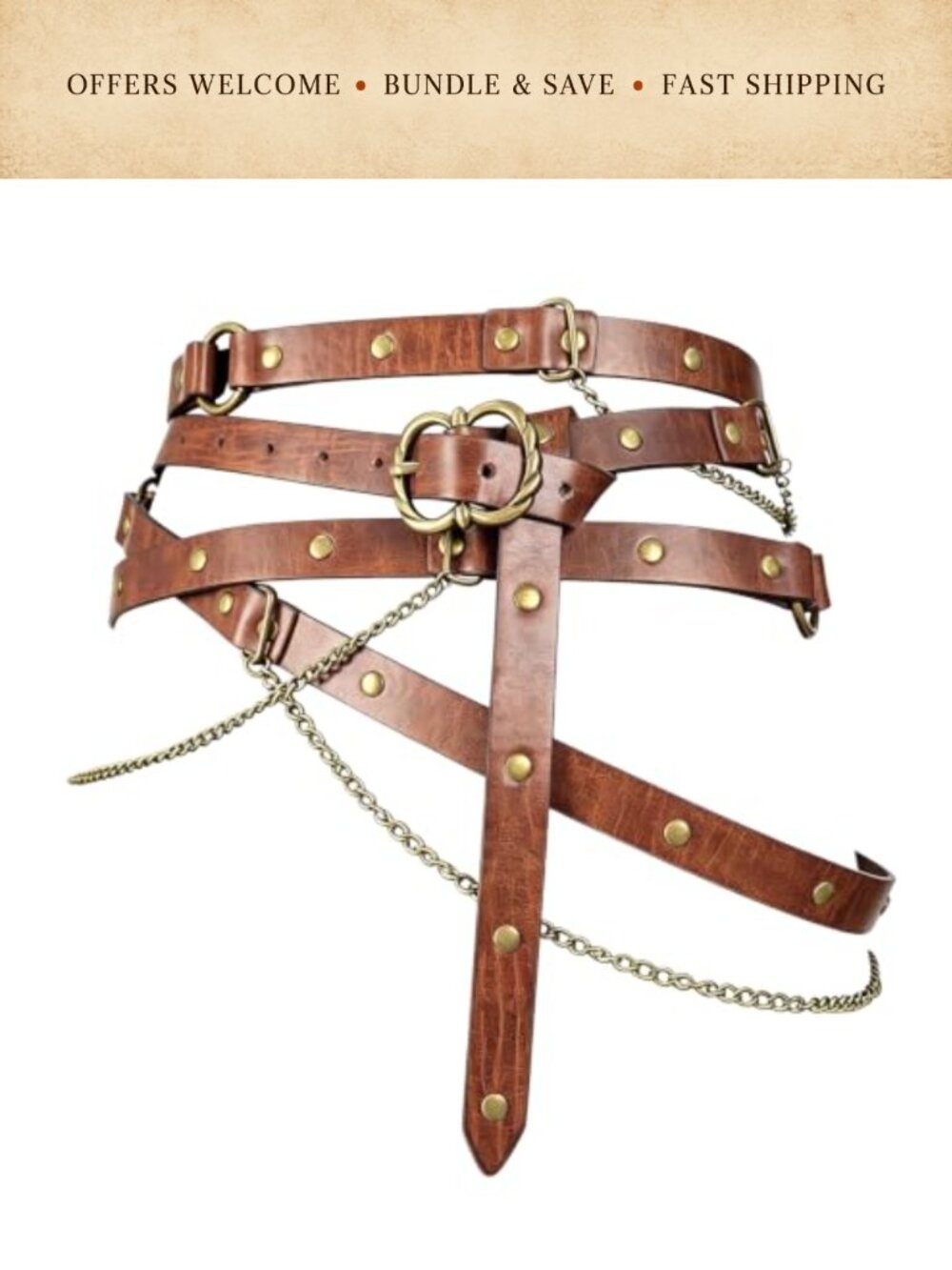 Medieval Leather Belt Renaissance Faire Pirate Waistband Adjustable Metal Chain